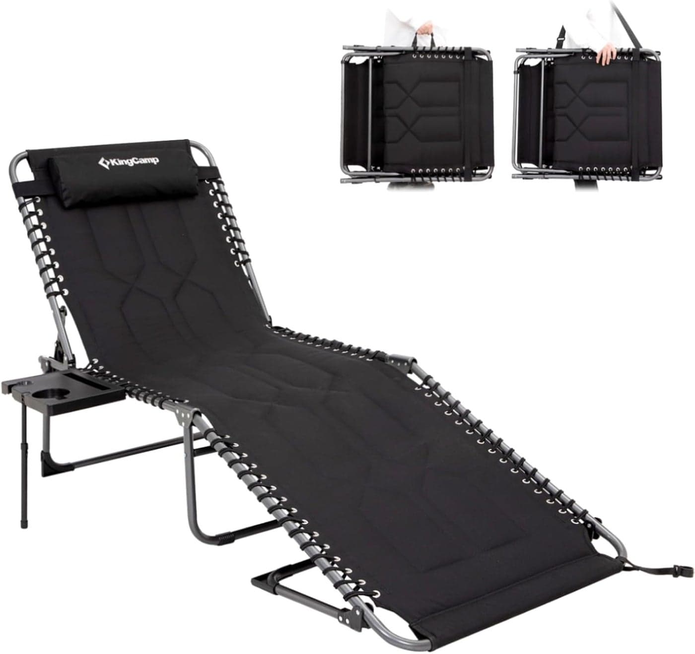 KingCamp Oversize Lounge Chair Outdoor, Extra Large Padded Folding 5 Positions Chaise Tanning Chairs with Pillow & Side Table for Outside Sunbathing Beach Patio Pool Camping (Black)