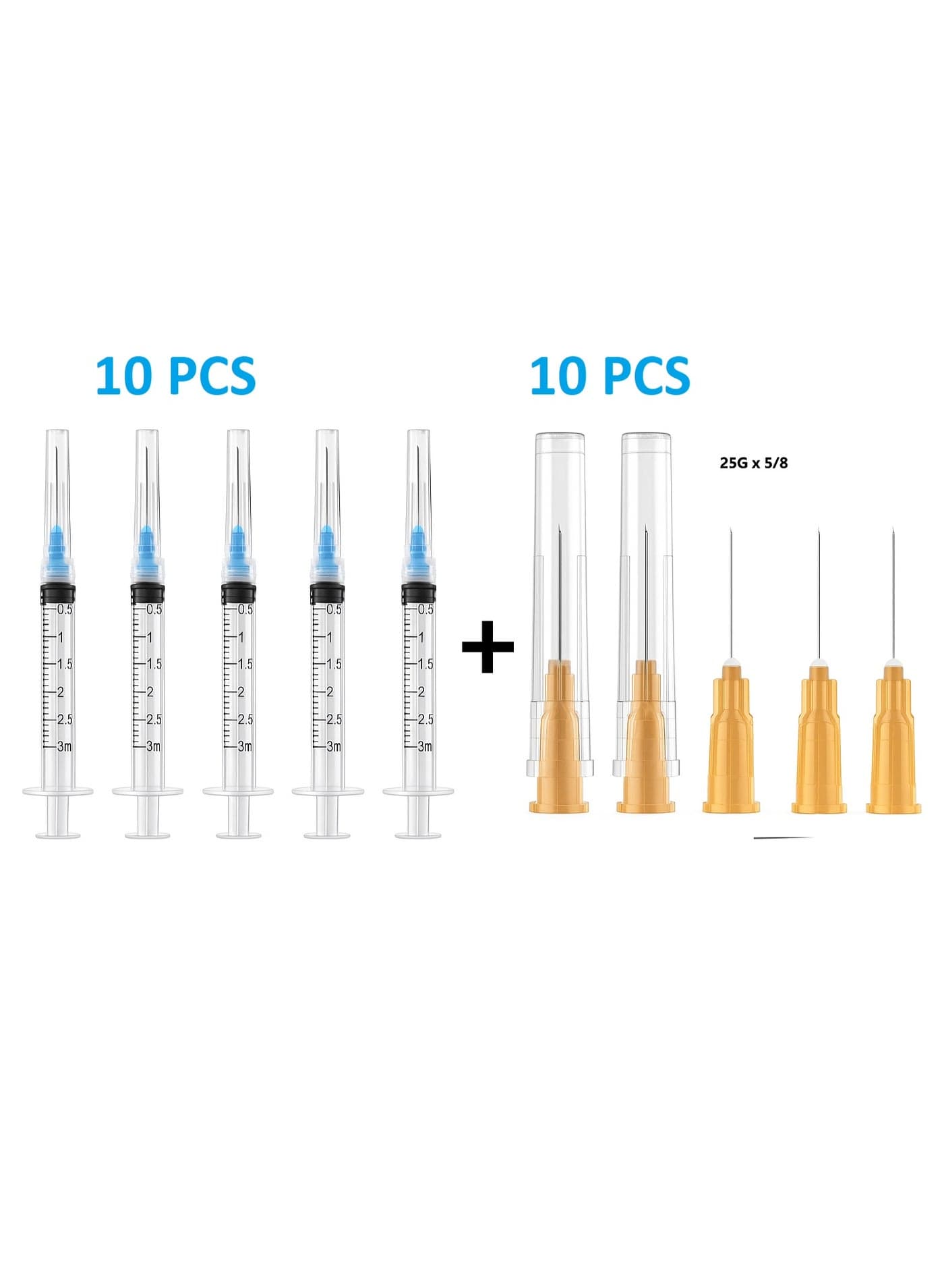 3ml Syringe with 25G x 5/8 Needles Set – 10 Pcs Each | Sterile Disposable Syringes & Needles | Medical Injection Set | Luer Lock | Individually Packed