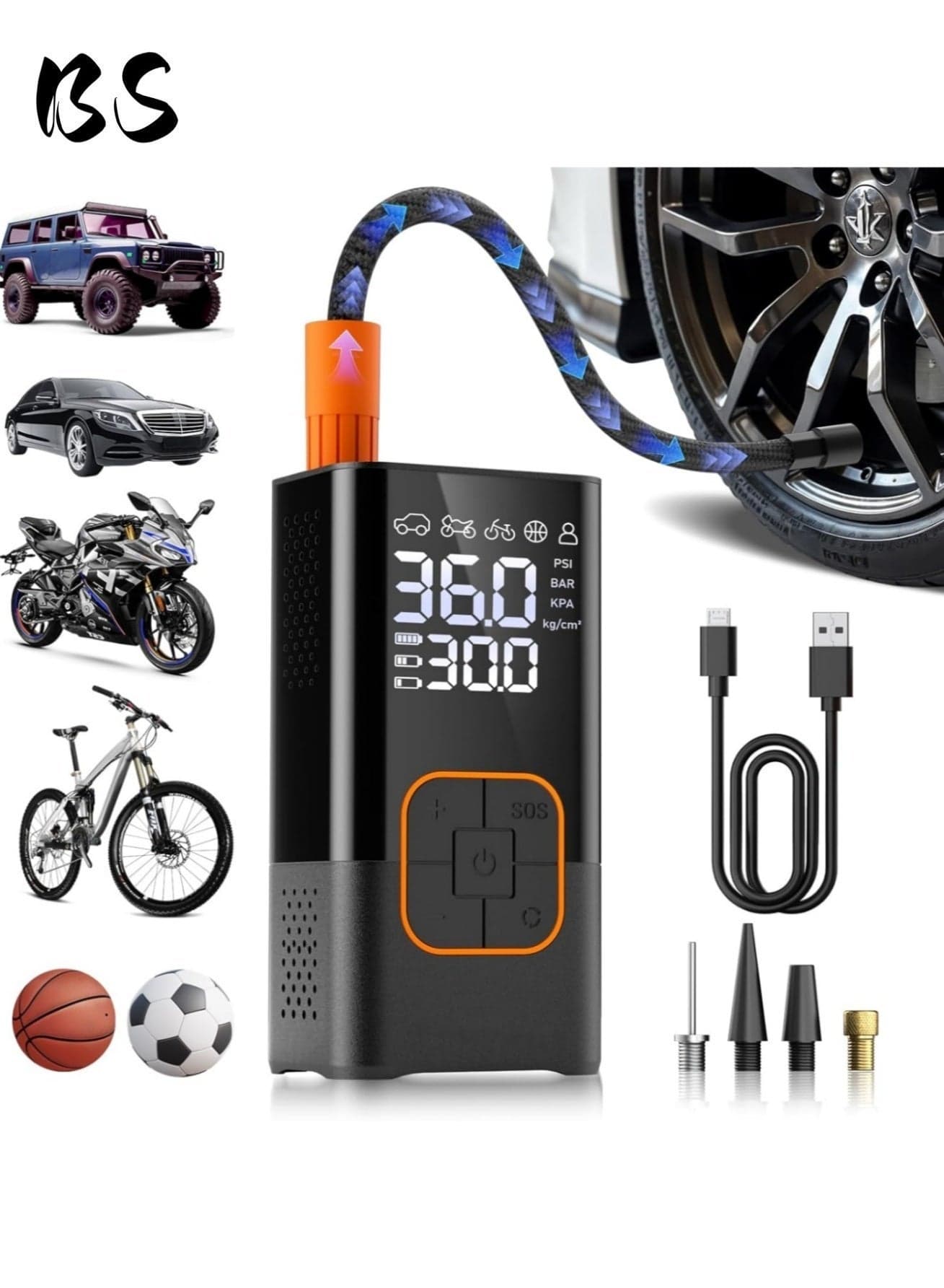 Emergency Air Pump|Air compressor tire inflator (4 nozzles) |car tire inflator| digital tire inflator | Portable cordless bicycle pump | with digital dual-value display | 150 PSI car tire pump with LED light | Suitable for cars, motorcycles, bicycles, balls, inflatable mattresses, pool floats, and vacuum bags.