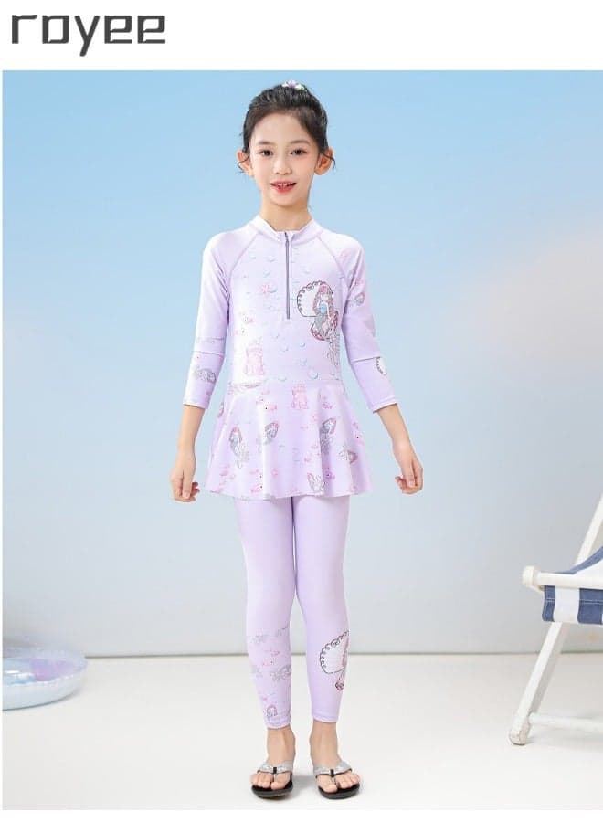 New Children's Mermaid Swimsuit, One-piece Swimsuit With Long Pants, Long Sleeved For Middle-aged Girls,Swimwear With Sun Protection, Conservative Girls' Swimsuit