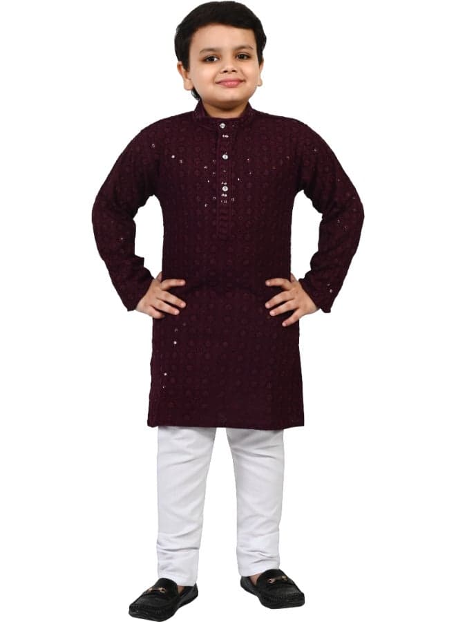 Wine Chikankari Kurta and Pyjama Set for Boys