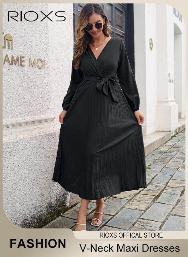 Women's V Neck Long Sleeve Pleated Maxi Dresses, Elegant High Waist Pleated A-Line Long Dress with Belt, Flowy Long Sleeve Pleated Dresses for Ladies, Solid Color Maxi Guest Dress for Wedding Party Dating Vacation and More, Black