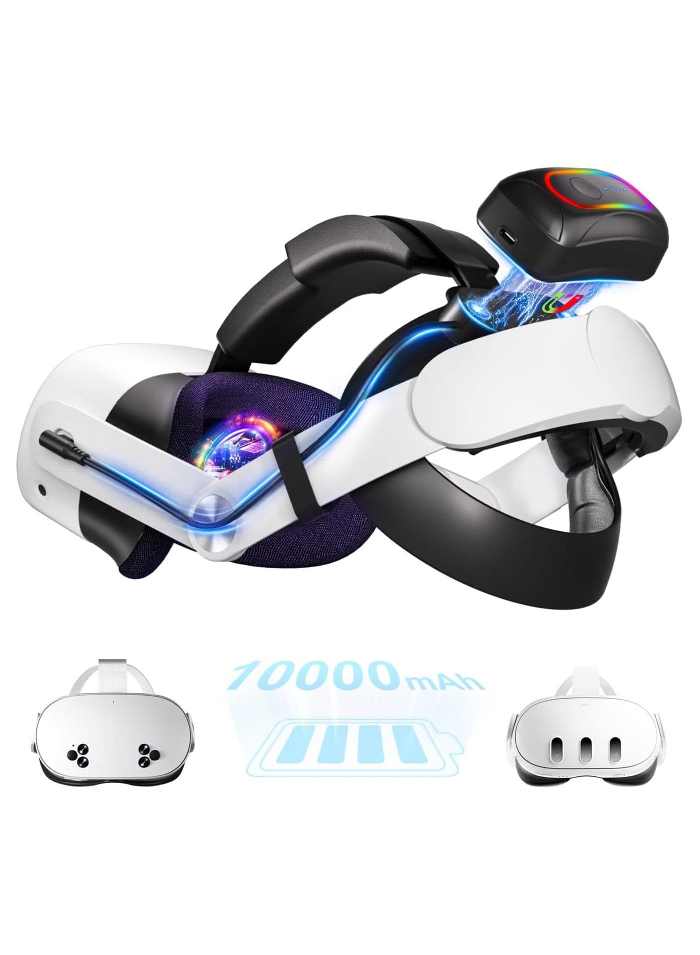 10000mAh Battery Head Strap for Meta Quest 3s/3, with Cool RGB and Magnetic Battery Design, 18W Fast Charging, Extend VR 4H Playtime, Comfort & Adjustable Strap Accessories for Oculus Quest 3/3s