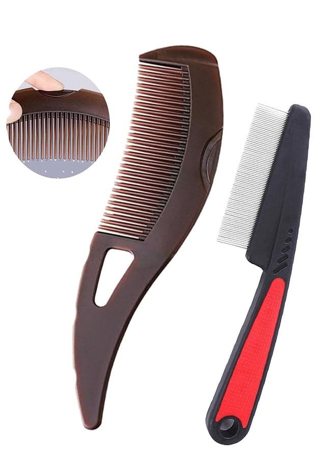 Stainless Steel Dandruff Comb Set 2PCS, Fine Tooth Scalp Detox Brush with Hollow Teeth & One-Click Button, Anti Lice Scalp Massage Tool for Women Men Kids, Suitable for All Hair Types Curly/Straight, Portable for Travel & Daily Hair Care