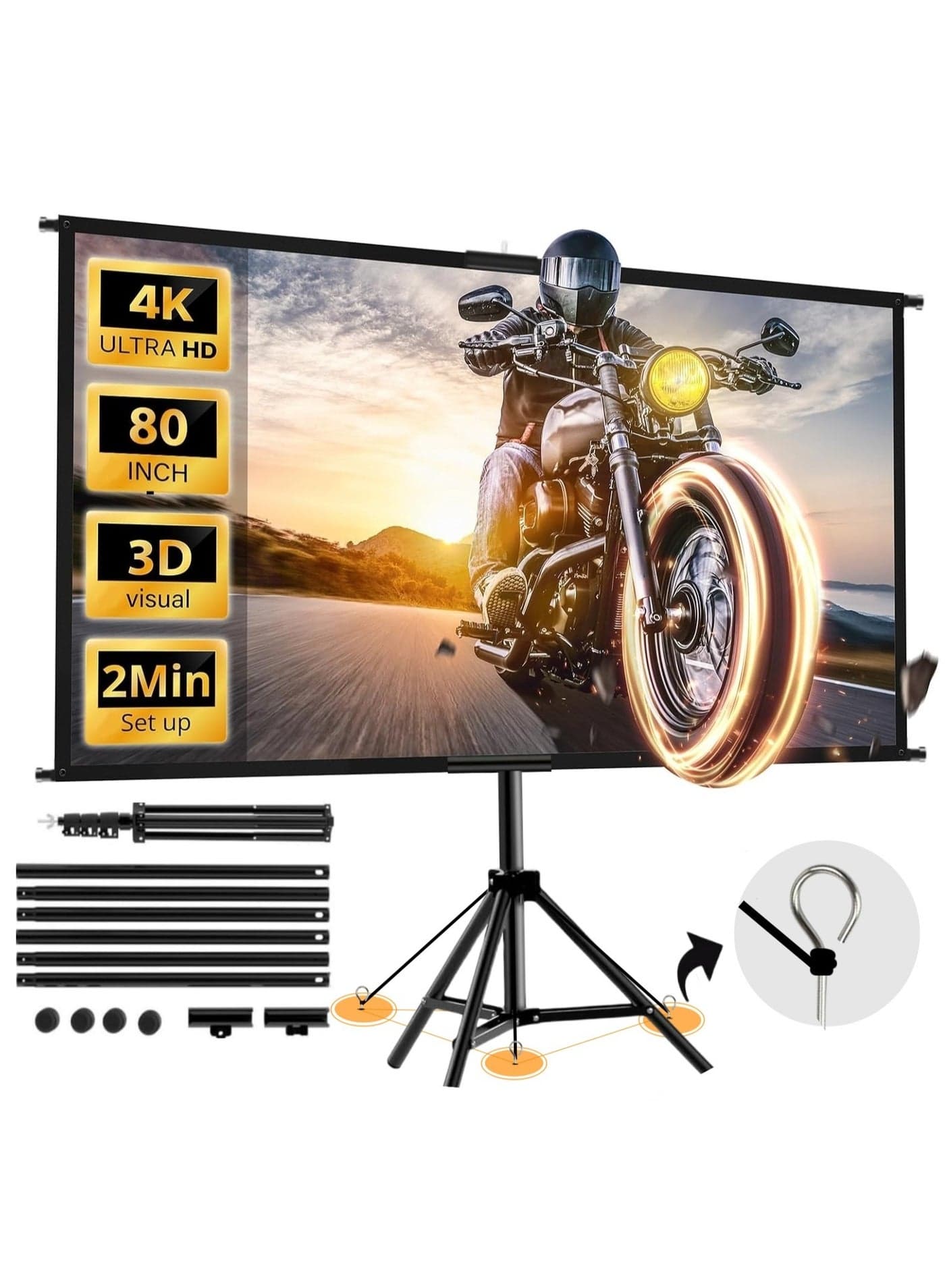 Updated Projector Screen with Stand 120 inch Indoor Outdoor Projector Screen 16:9 4K HD Projector Screen for Outdoor and Indoor Wall Hanging 2 IN 1 with Carry Bag Ground Nails
