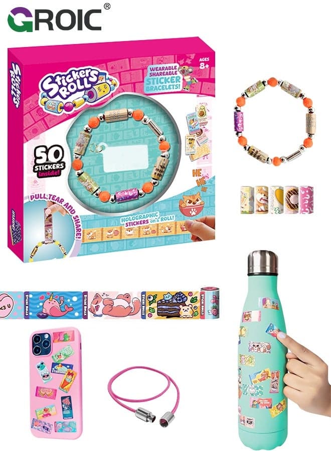 Wearable & Shareable Sticker Bracelet, Includes 50 Mini Stickers, 1 Mystery Reveal Sticki Rolls, 4 Stickers Roll, 1 Bracelet Cord with Clasps, Friendship Bracelet Toys for kids