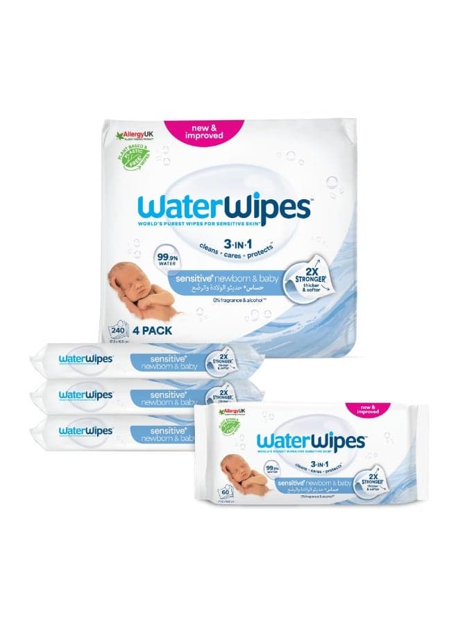 WaterWipes Sensitive+ Newborn & Baby Wipes, 240 Count (4 Packs), 3-In-1 Cleans, Cares, Protects, 99.9% Water, Unscented