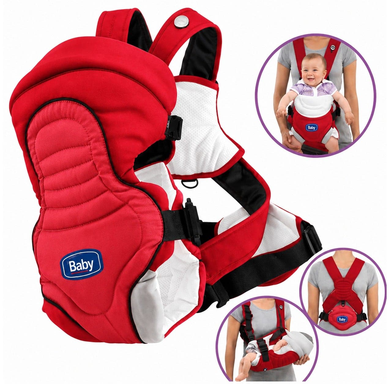 Adjustable Baby Carrier with Waist Support & Breathable Fabric, 3 Carrying Positions Front Facing In / Out & Cradle Carry, Soft Padded Infant Toddler Carrier with Secure Buckles, Lightweight Washable Baby Carrier – Red
