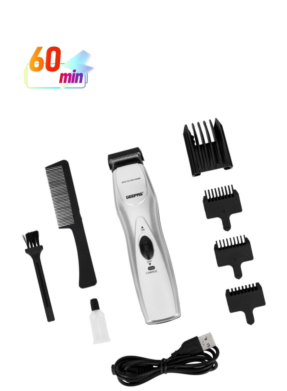 Rechargeable Hair Trimmer with High-Capacity Battery and 60 Minutes Use| Chromium Steel Blade, Perfect for Home and Saloon Styling, for Men| 5 Position Attachment Comb, Cleaning Brush, Lubrication Oil | 2 Years Warranty, GTR34H Black/Silver 350grams