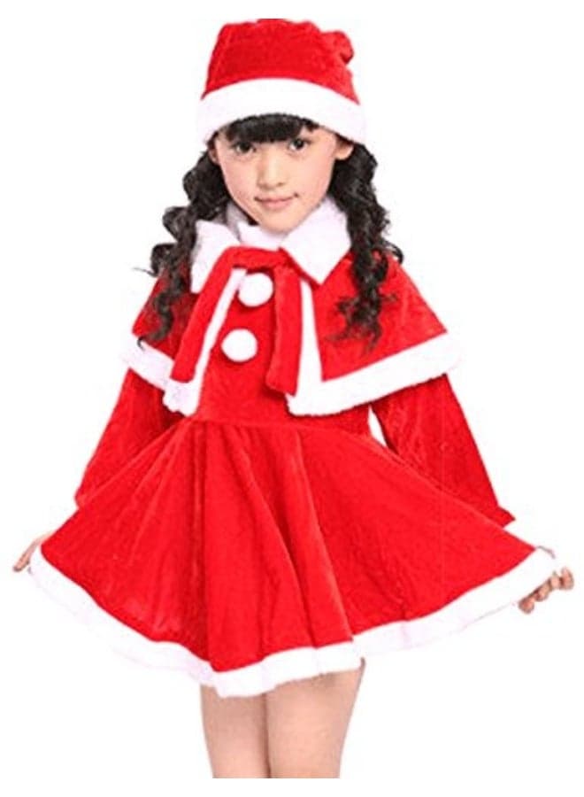 Children's Christmas Clothes (Girls) – Santa Cape Dress with Hat, Red Velvet Holiday Costume, Size 130 cm (8–9 Years)