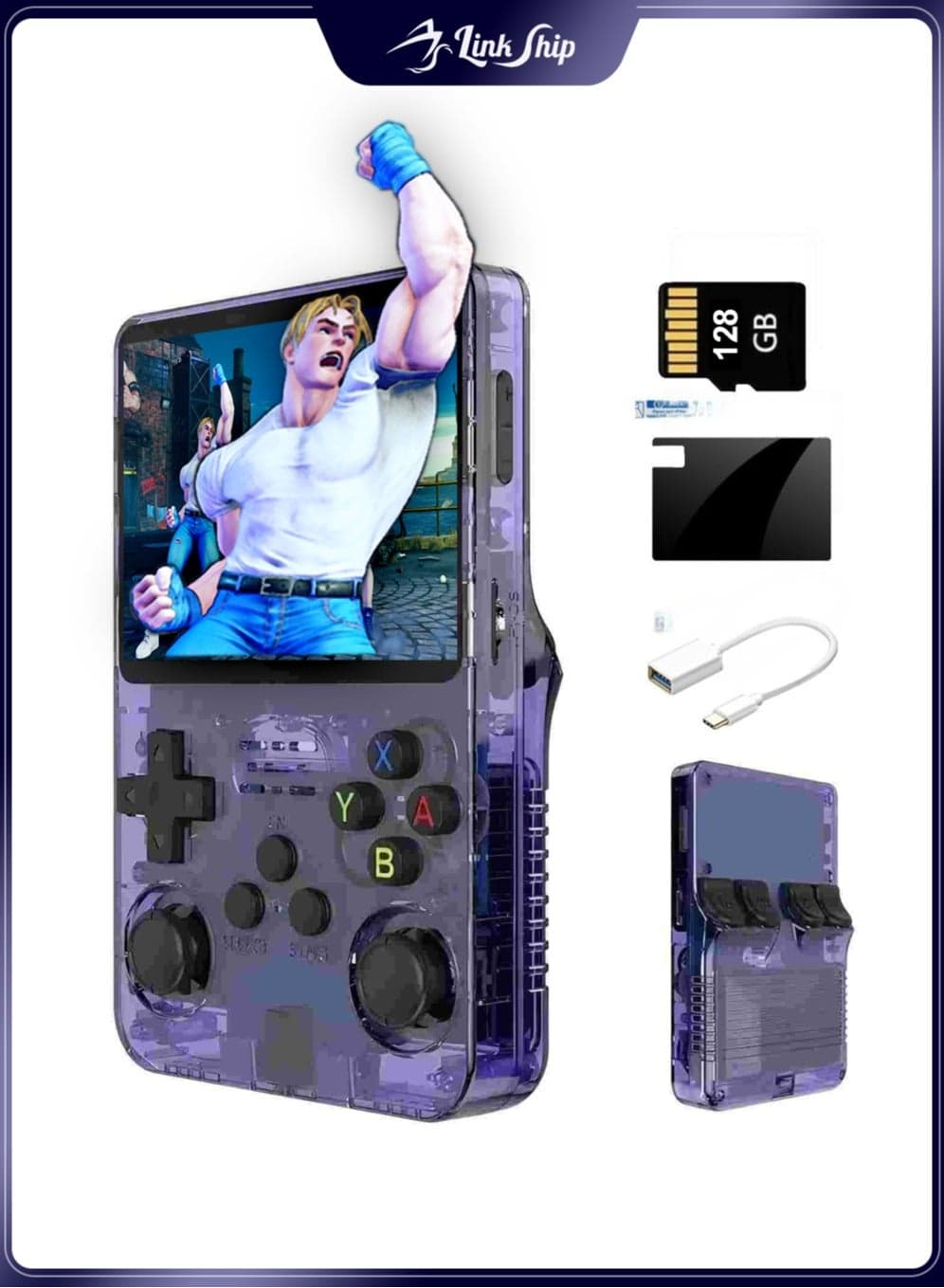 R36s Retro Game Console, 128GB Handheld with 20000+ Preloaded Games, 3.5" IPS HD Screen, 3500mAh Long Battery, Dual Joysticks, Portable for Kids & Adults, Supports PS1/GBA/SNES Games (Purple)