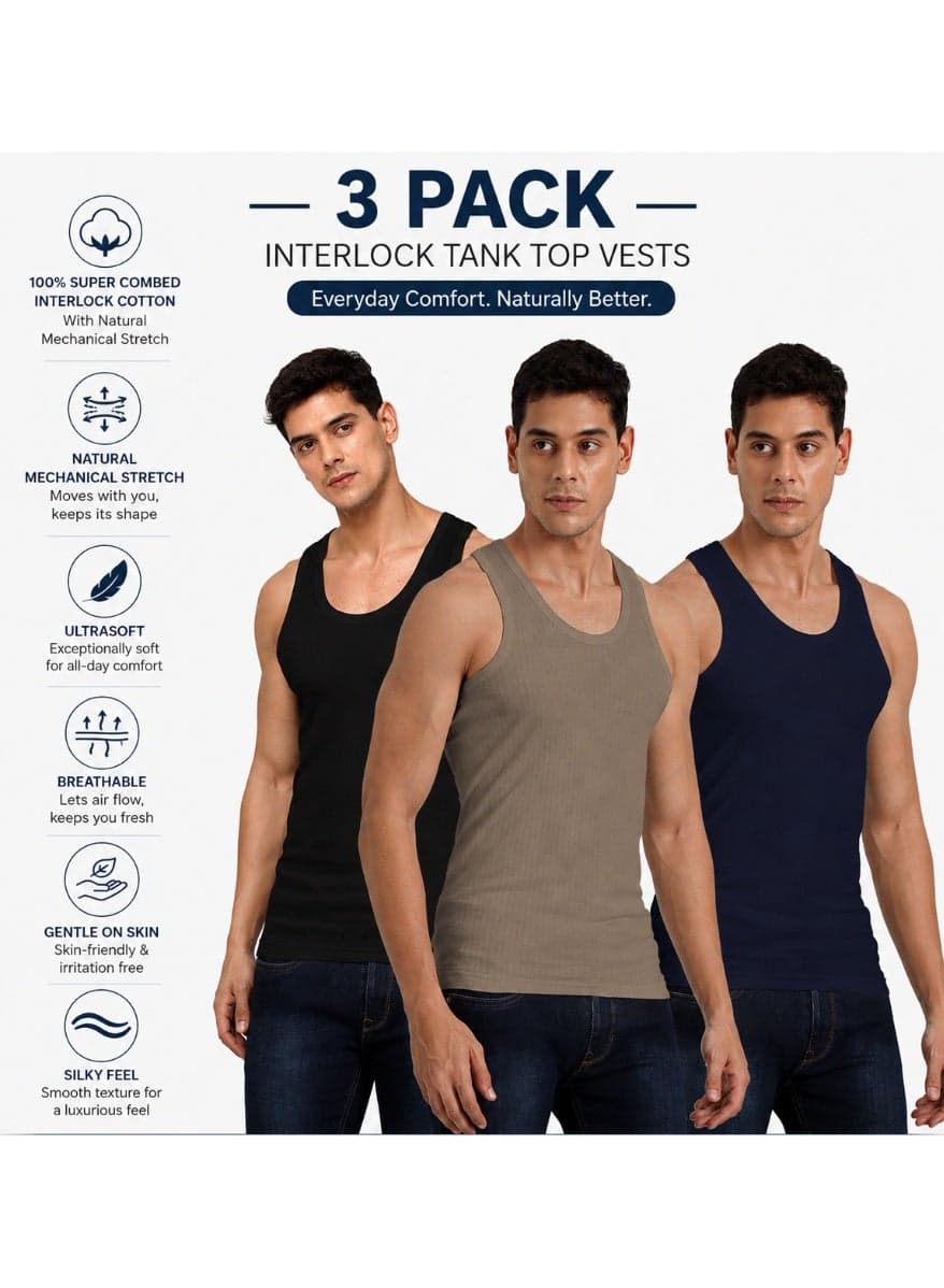 Platinum Collection Double-Knit 100% Cotton Mens Vest Undershirt Tank Top Ultrasoft Breathable Sleeveless Sando Pack of 3