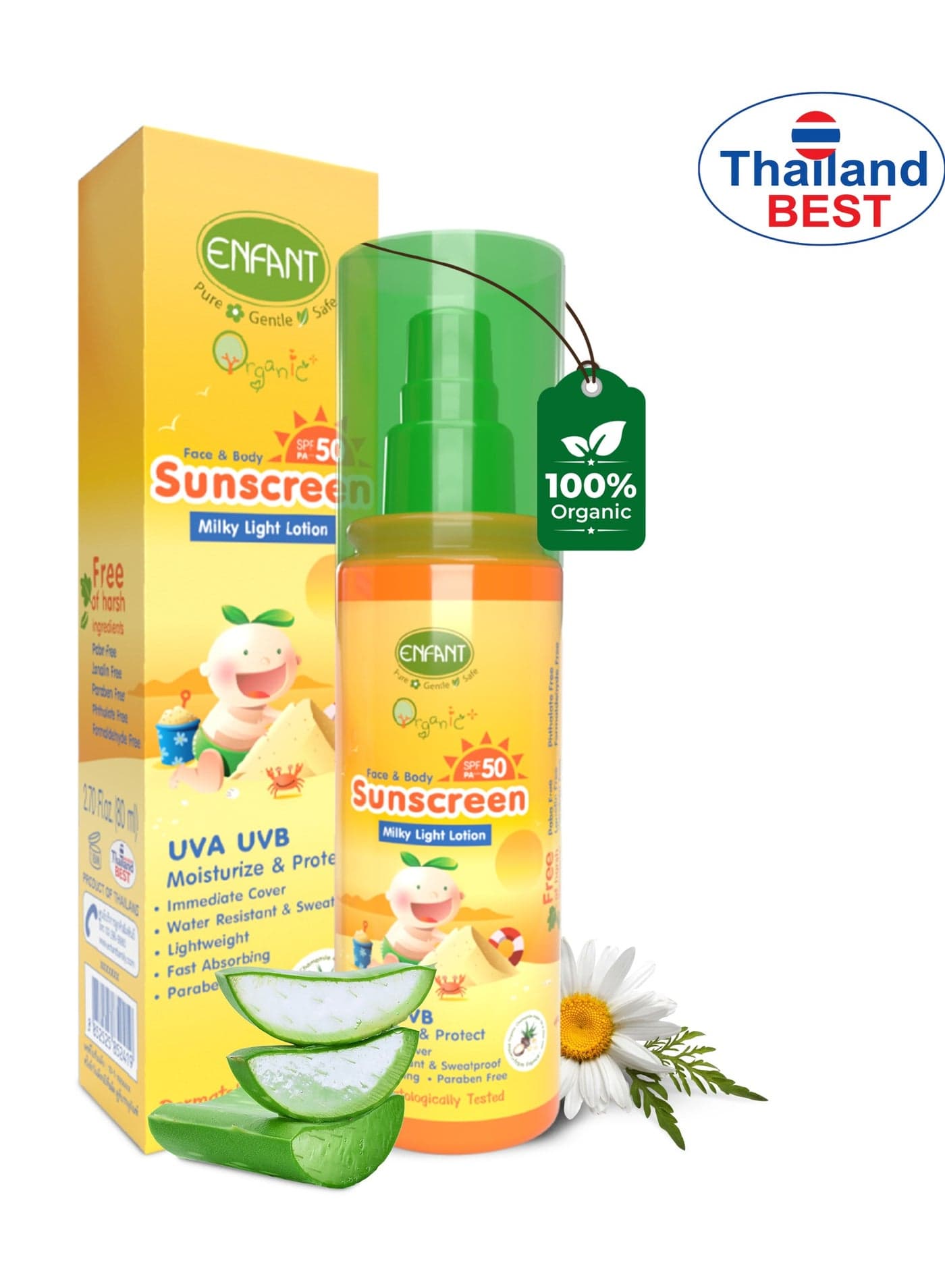 Enfant Organic SPF 50 Baby Sunscreen Lotion 70ML Mineral UVA, UVAI & UVB Rays SPF 50 PA++++ Face And Body Protection Lotion For Sensitive Skin Travel Size Sunscreen Milky Light Lotion Dermatologically Tested