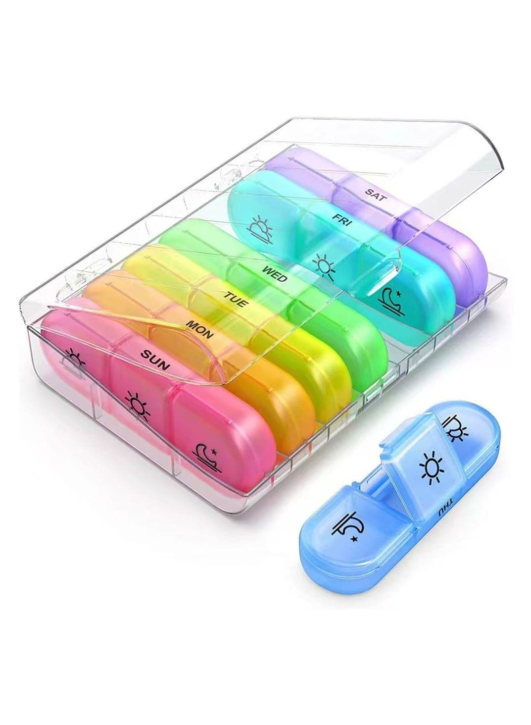Portable Travel Medicine Organizer 3 Time 7 Day, Light Proof Pill Organizer, Large Capacity Pill Box 21x, Weekly Daily Medicine Box Case, Vitamin Box Organizer (Clear Rainbow)