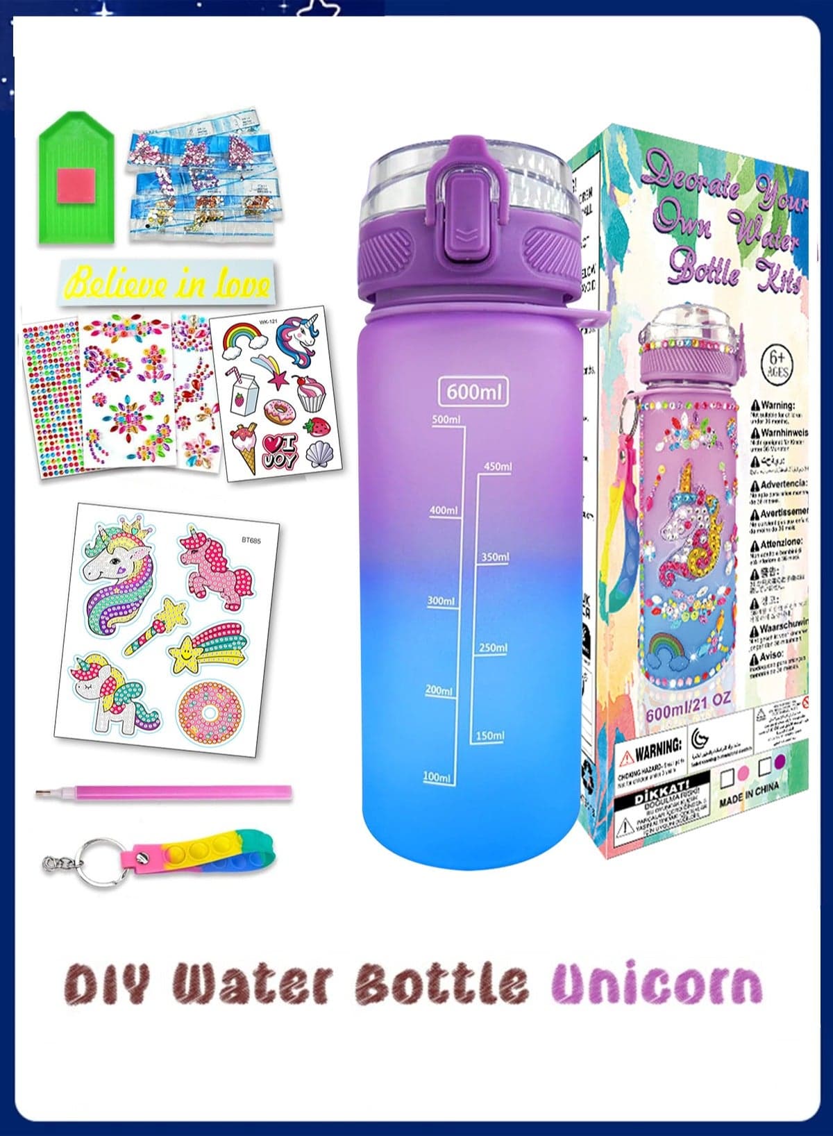 Decorate Your Own Water Bottle Kits for Girls Ages 3+, Fun Arts and Crafts Gift Toys, Unicorn Gem Diamond Painting Crafts Kits, Fun Arts and Crafts Gifts Toys for Girls Birthday