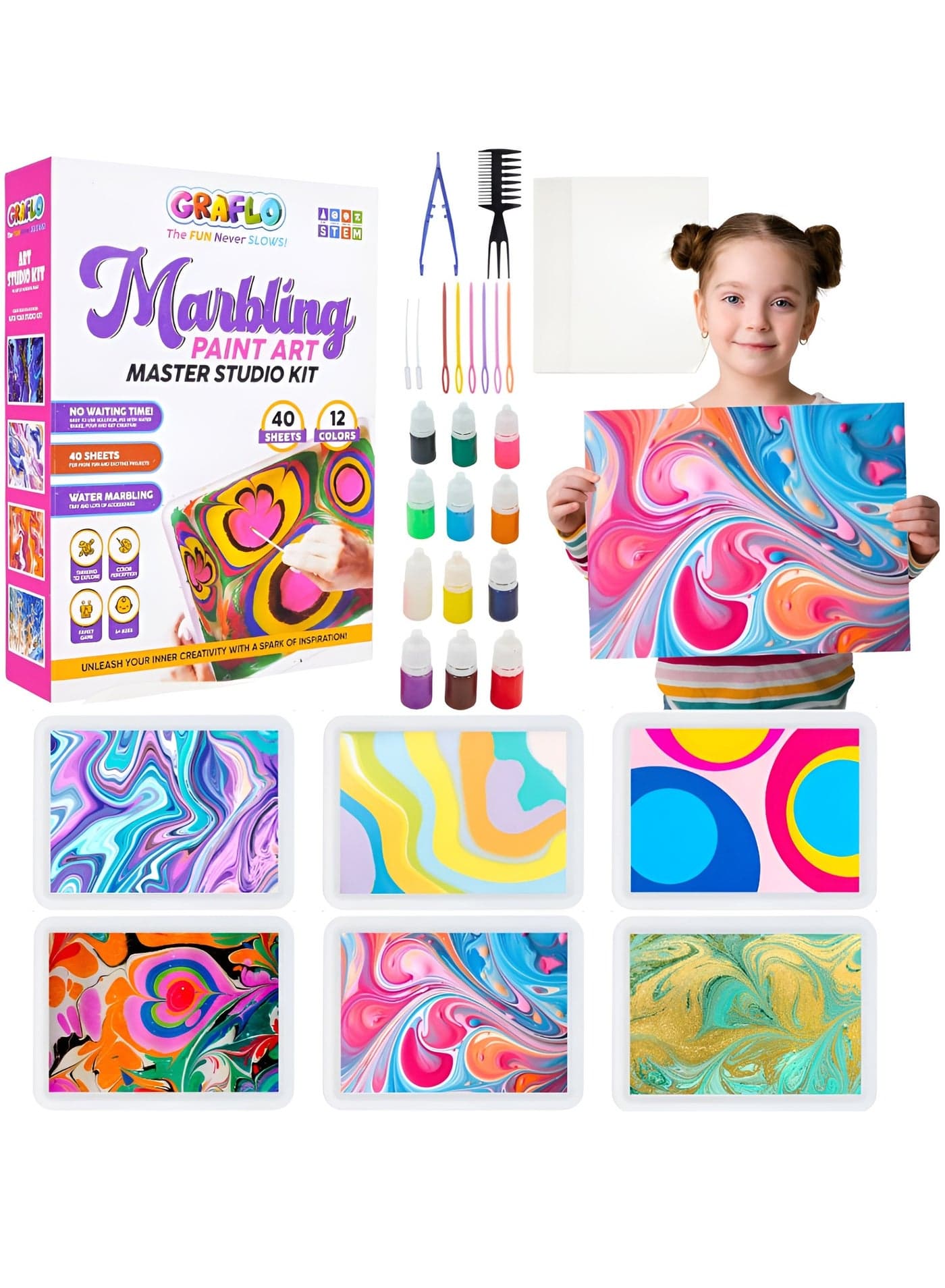 Marbling Paint Arts & Crafts Kit - Water Marble Painting Set, Safe Creative Art Supplies, 40 Sketch Papers & 12 Vibrant Colors, Engaging Activities for Boys & Girls - Ideal for Kids 6+ years