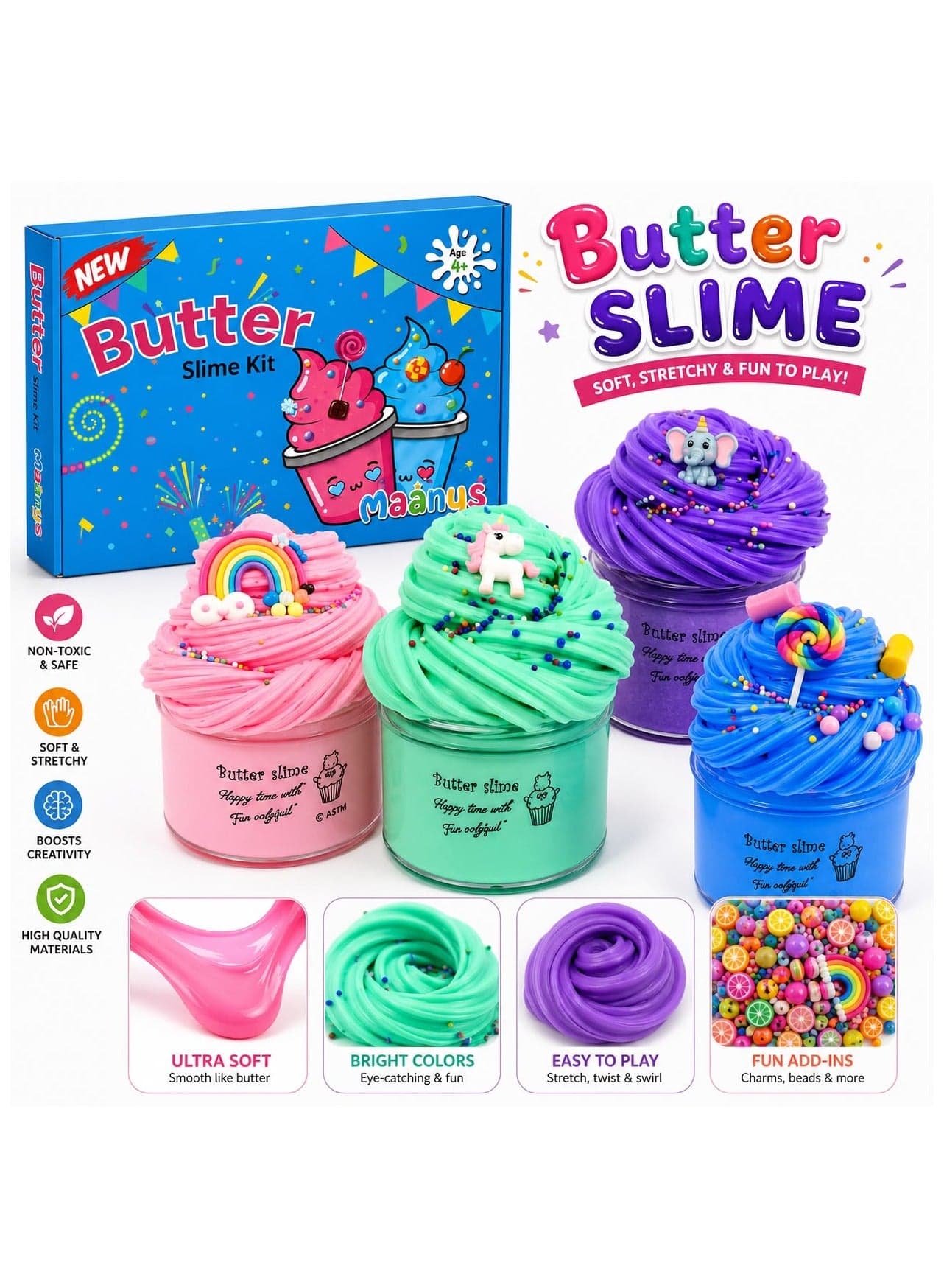 Maanys Butter Slime Kit, Tacky-Free Slime Fluffy, and Scented, Perfect Slime for Kids, Adults, Parties, Learning, and Stress Relief, Endless Fun and Creativity, Pack of 4