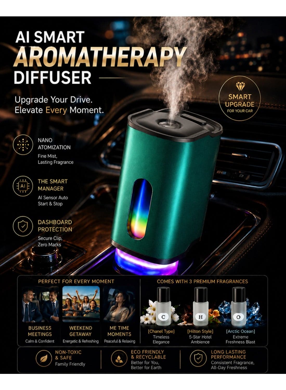 Smart Wireless Car Perfume System, AI Vibration Start-Stop Car Air Freshener, Nano-Atomizer for Car Accessories Interior, Leak-Proof Luxury Scent Diffuser, Type-C Rechargeable, Emerald Green