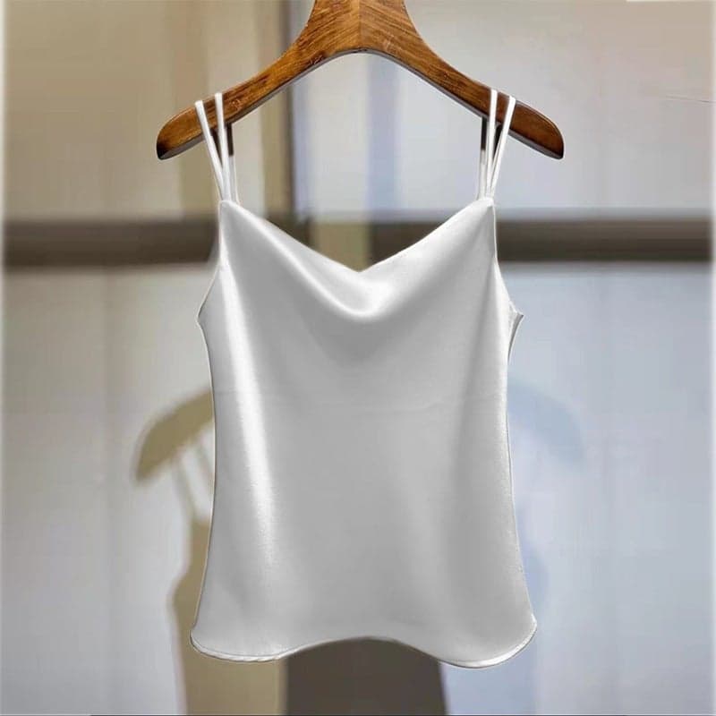 Elegant High-end Lace Camisole Womens Spring and Summer Loose Fashionable Silk Satin Sleeveless V-neck Top Silver