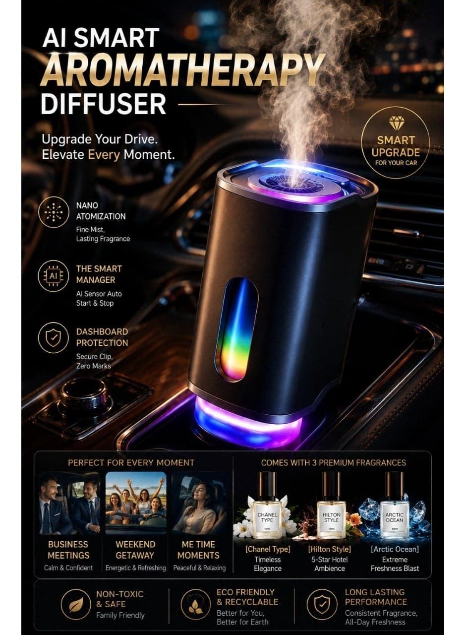 Smart Wireless Car Perfume System, AI Vibration Start-Stop Car Air Freshener, Nano-Atomizer for Car Accessories Interior, Leak-Proof Luxury Scent Diffuser, Type-C Rechargeable, Midnight Black