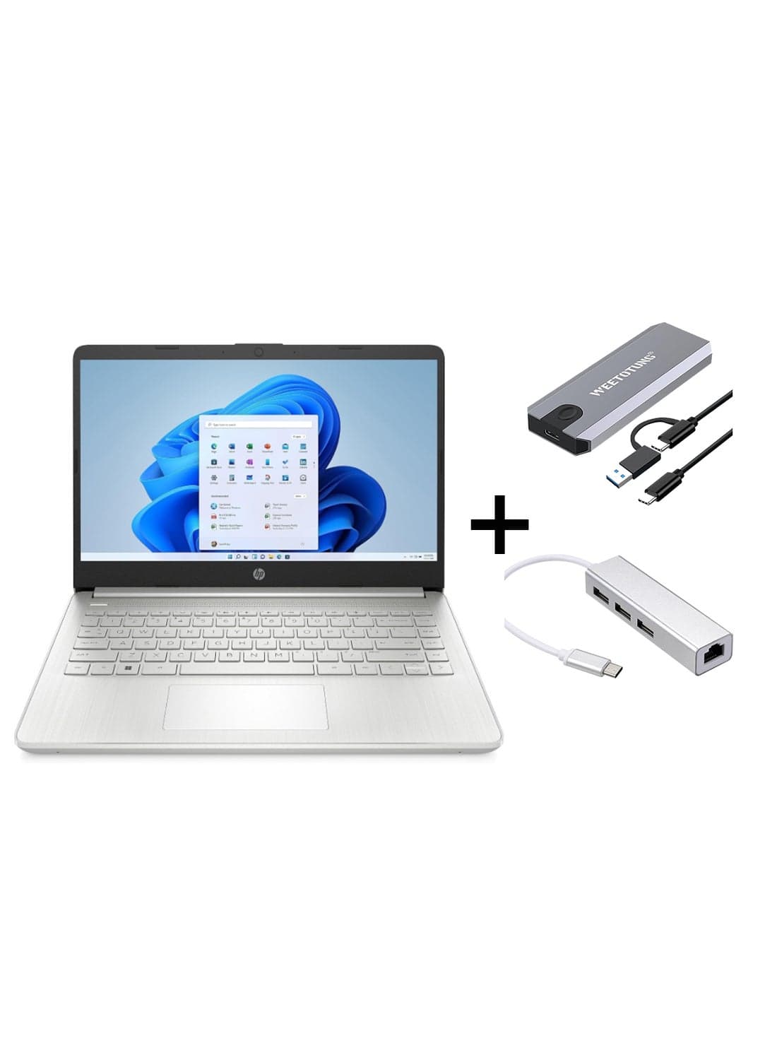 14s Laptop With 14-Inch Diagonal FHD Display, Core i3-1215U Processor/8GB RAM/512GB SSD/Intel UHD Graphics/Windows 11 With 128GB external drive +Type-C to USB Hub English/Arabic Natural silver