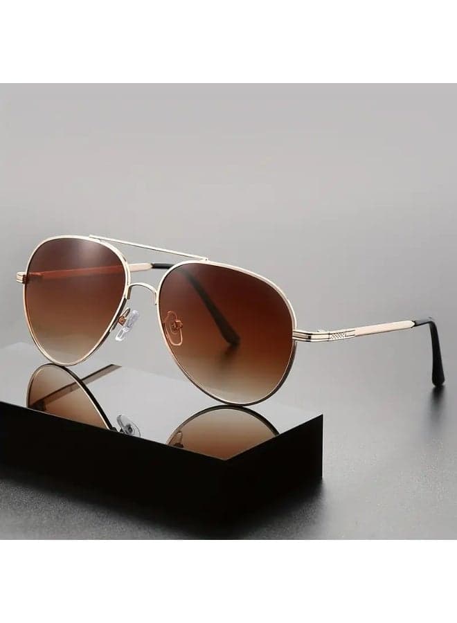 1pc Men'S Retro Oval Frame Metallic Finish Glasses - Vintage-Inspired Lightweight Metal Frame with Brown Tinted Lenses, European & American Style for Casual & Formal Wear, Everyday Eyewear, Sleek Eyewear, Durable Eyeglasses (Includes eyeglass case),sunglasses