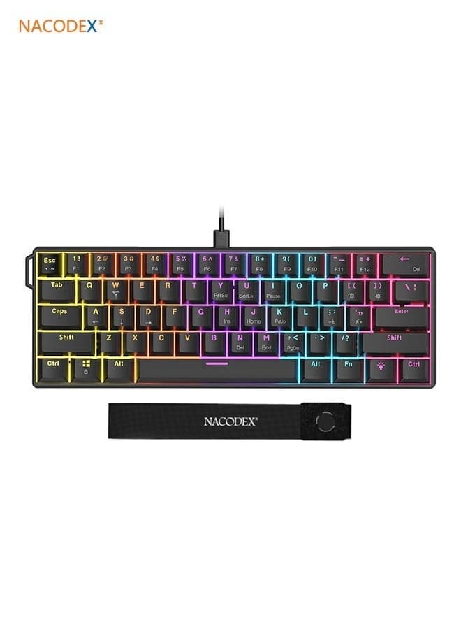NK61 Mechanical Keyboard, Gaming Keyboard, Red Switches, RGB Lighting Effects, USB-C Port, 61-Key Compact Design, Wired Keyboard, Black