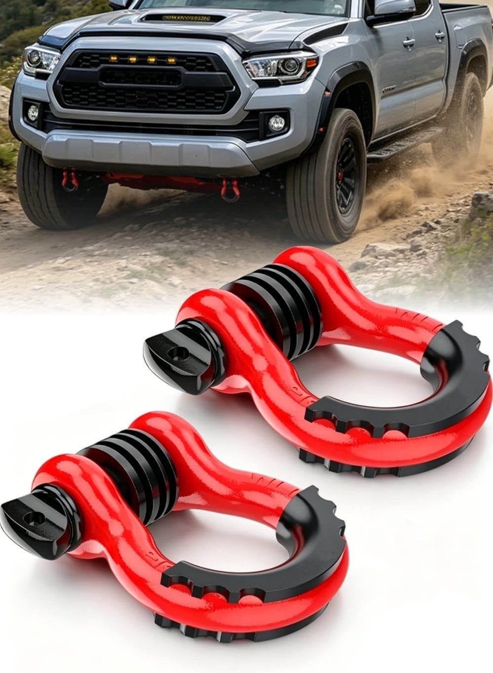 Tow Hook | D Ring Shackles 2 Pack -Red Black - 3/4" Clevis with 7/8" Pin Safety Max 57,000 lbs Break Point - 2 Black Isolators, 8 Washers - Heavy Duty use for Tow Strap, Winch, Off Road, Towing Vehicle Recovery