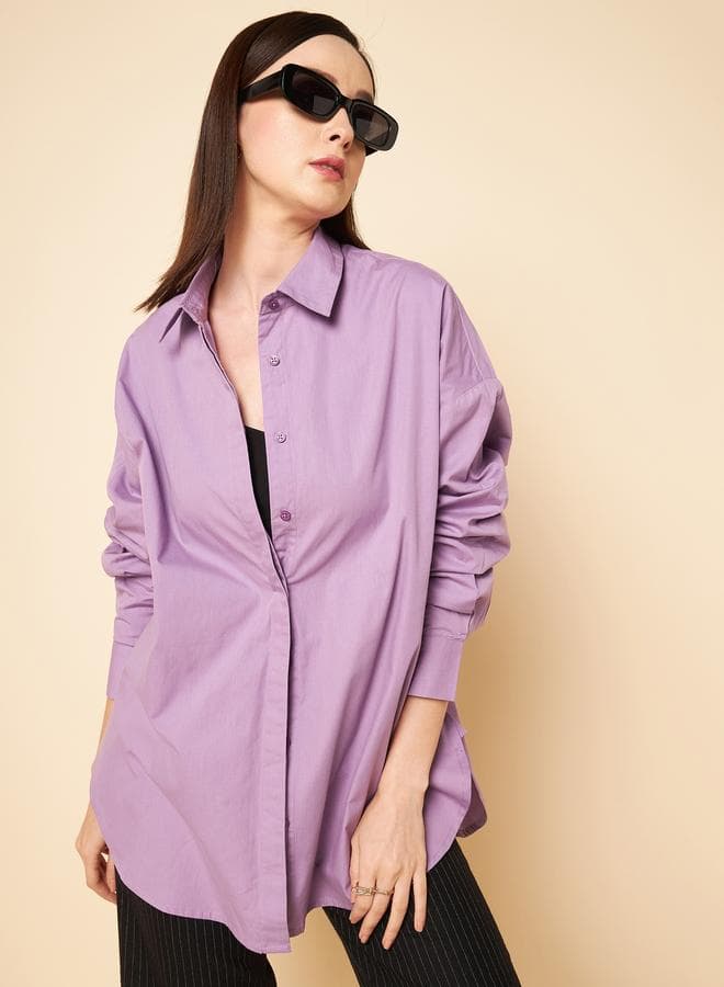 Women'S Lilac 100% Cotton Solid Pattern Button Down Shirt