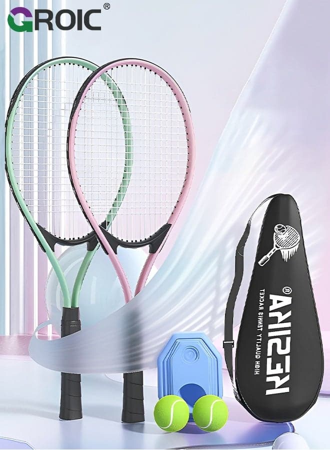 27" Tennis Rackets Set - 2 Pack Tennis Racket, 2 Ball with Rope, 2 Trainer Base, 2 Handle Grips and 2 Tennis Bag, Tennis Trainer Tennis Practice Tennis Ideal for Beginner/Intermediate Players