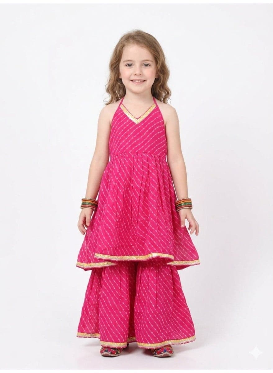 Leheriya Printed Kurta and Sharara Set for Girls