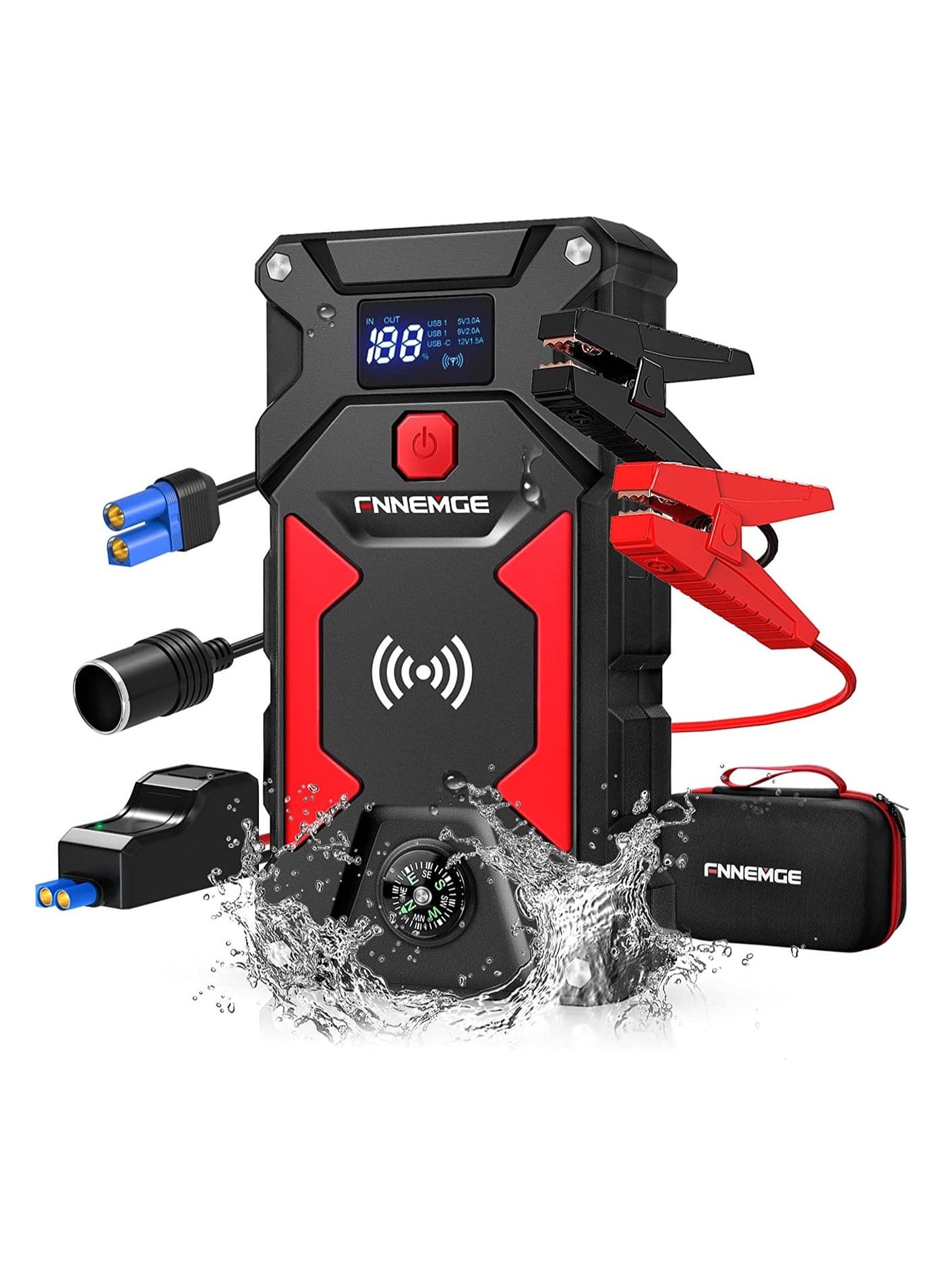 Car Jump Starter with 26800mAh 6000A Water-Resistant Jump Starter Battery Pack, 12V Battery Jumper Starter Portable Equipped with USB Quick Charge 3.0, LED Light, EC-5 Output Adapter, Storage Box