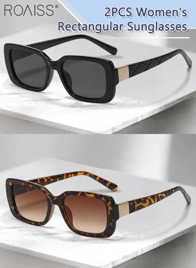 2PCS Women's Rectangular Sunglasses, UV400 Protection Sun Glasses, Fashion Decorative Eyewear for Outdoor Party Street Photography, Black and Leopard