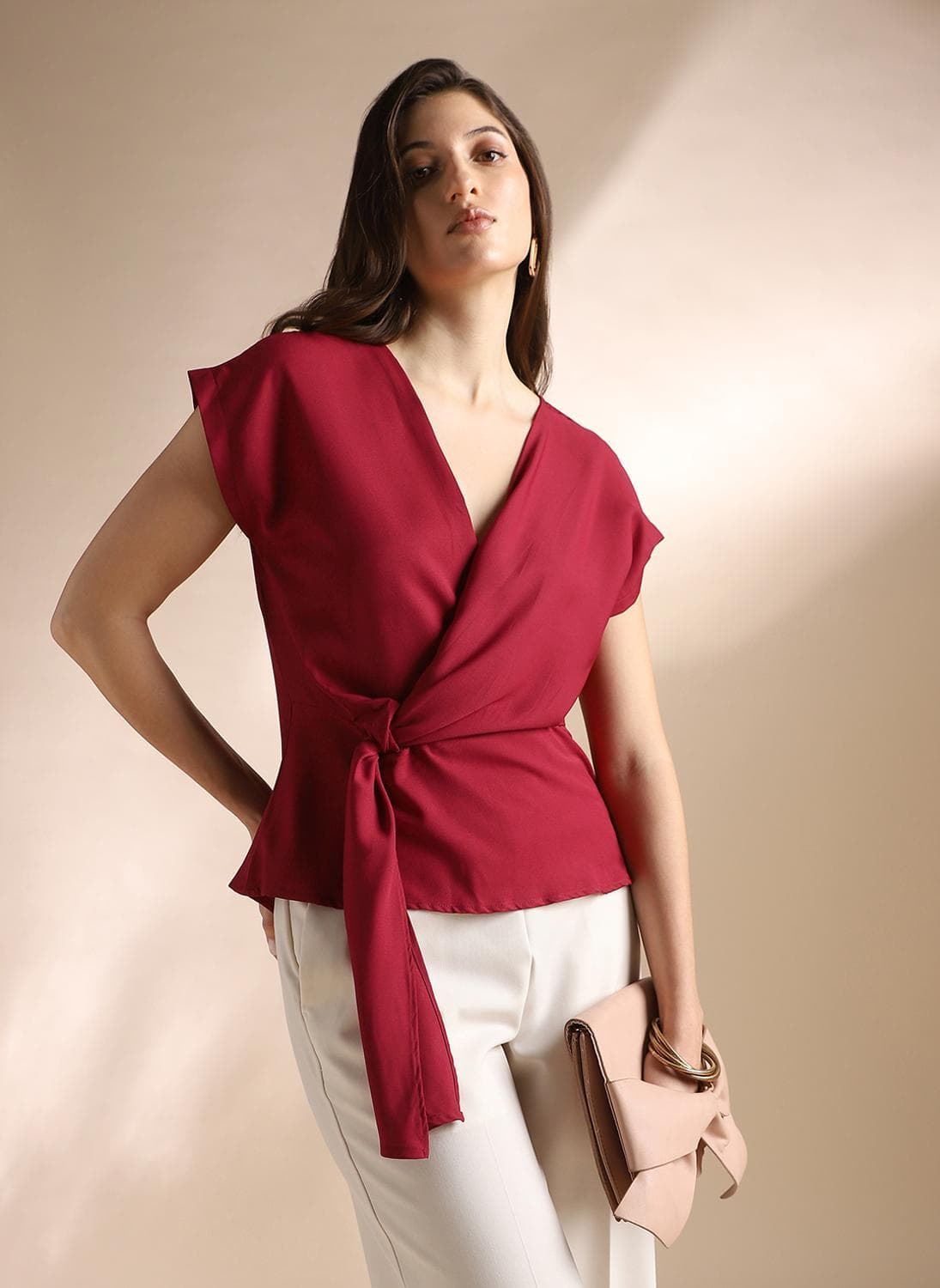 Globus Women's Maroon Formal Wrap Top with V-Neck and Twisted Detail