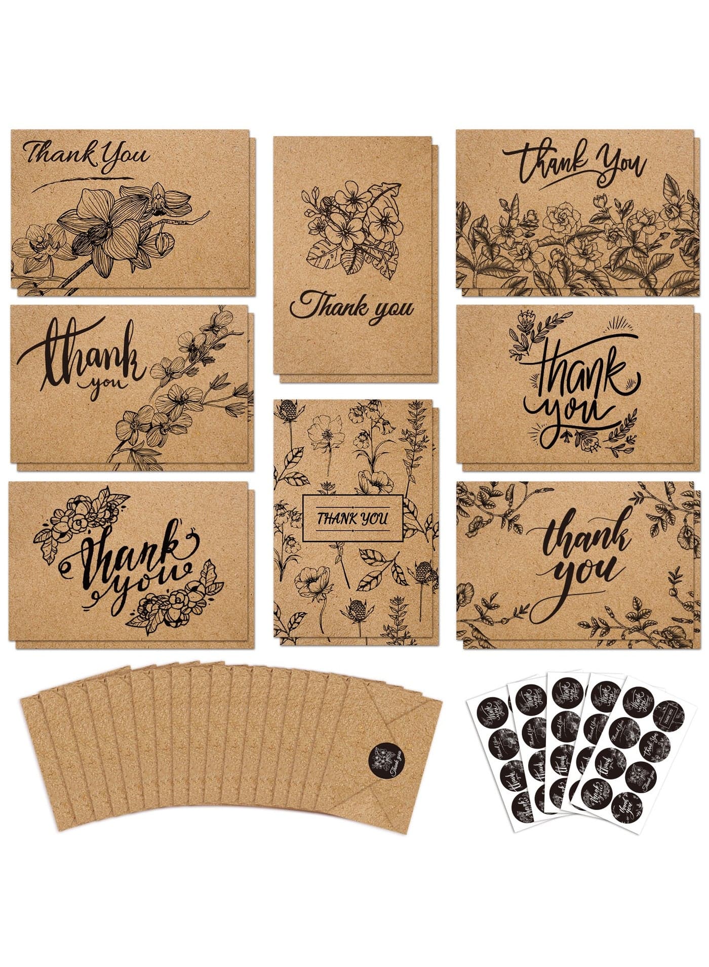 24 Thank You Cards, 4x6 inch Brown Kraft Note Cards with Envelopes & Stickers, 8 Elegant Designs Blank Greeting for Wedding, Baby Shower, Graduation, Business and More