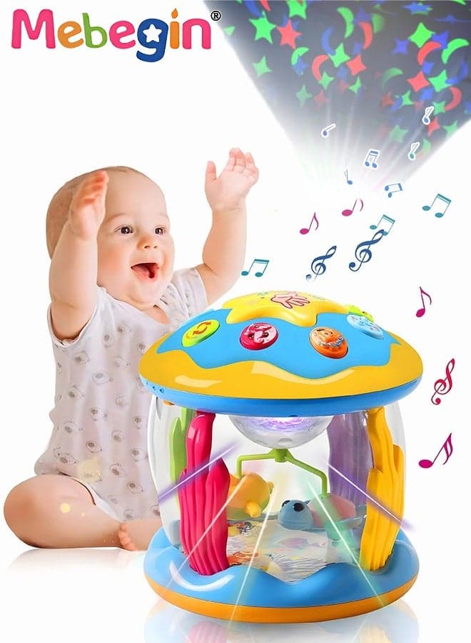 Ocean Rotating Projector Drum Early Education Toys,12M+ Various Pacify Music Light Early Educational Drum Toys,Light Up Infant Tummy Time Toys for Kids Toddler Early Devolopment
