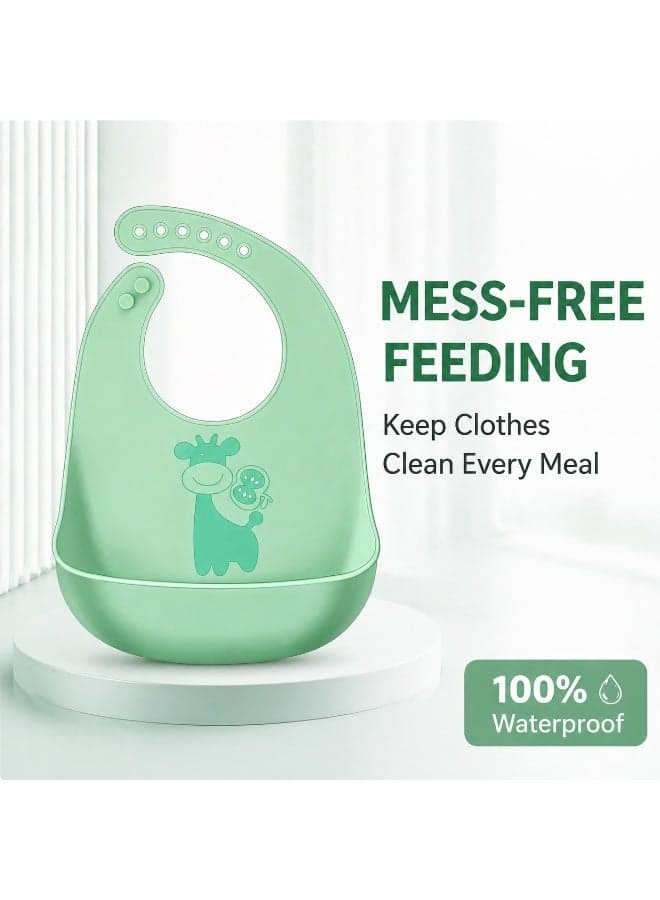 Silicone Baby Bib Adjustable Waterproof Feeding Bib with Food Catcher Pocket for Infants Toddlers BPA Free Easy Clean