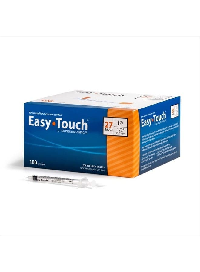 U-100 Insulin Syringe with Needle, 27G 1cc 1/2-Inch (12.7mm), Box of 100