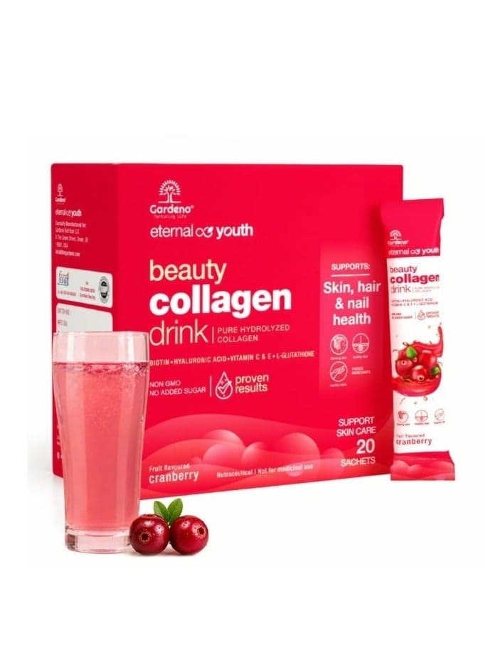 Gardeno Eternal Youth Marine Collagen Drink With Glutathione & Biotin – Cranberry Flavor, 20 Sachets (5g Each)