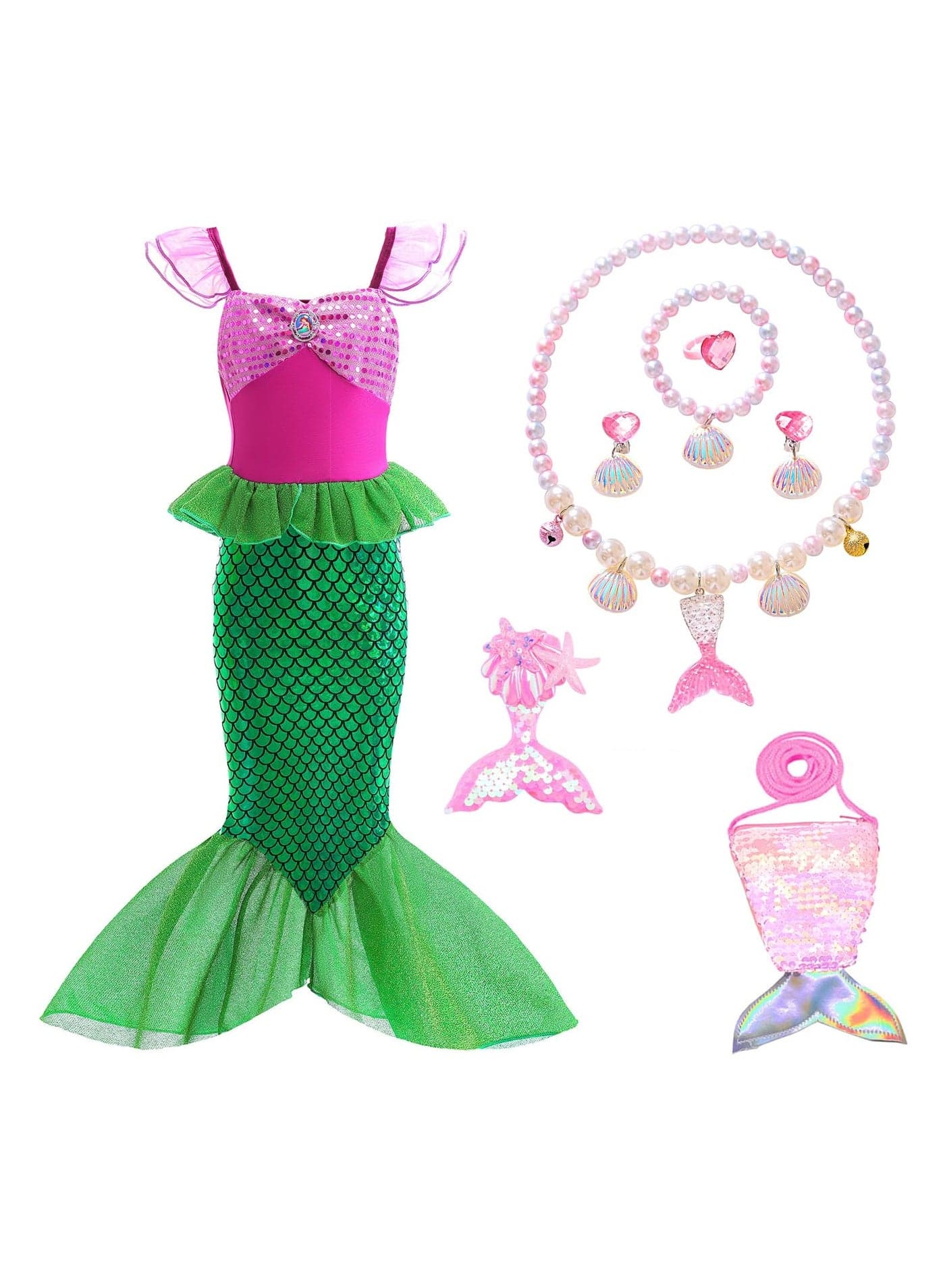 Little Girls Mermaid Princess Costume Party Dress For Kids, Mermaid Costume Princess Dress Up With Accessories Including Pendant, Earrings, Hair Clips, Handbag (B)
