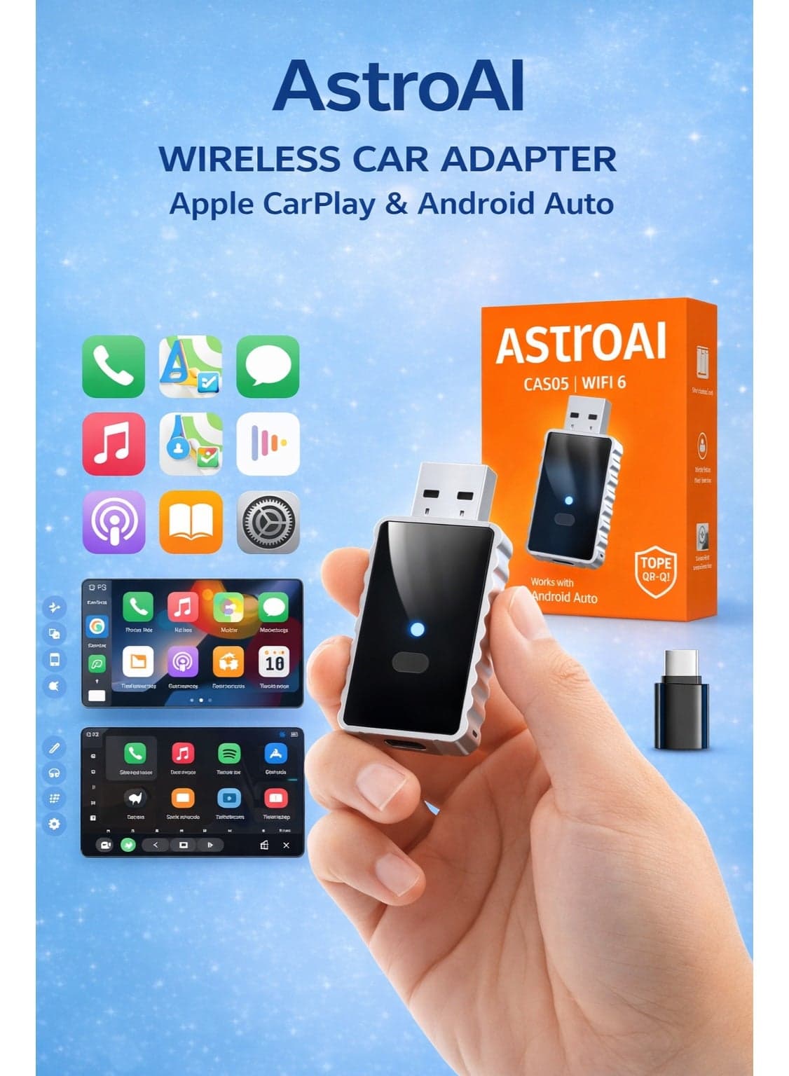 AstroAI Wireless Carplay Adapter with Glass Panel, Metal Materials Enhance Heat Dissipation, 2 in 1 Apple CarPlay and Android Auto Adapter Convert Wired to Wireless, Plug & Play, Black