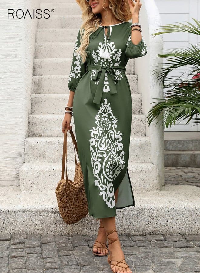 Women's Round-Neck Midi Dress with Pockets, Ethnic-Print Three-Quarter Sleeve Dress Featuring Side Slits and Neckline Tie Detail, Retro Vintage Holiday Resort Wear, Green