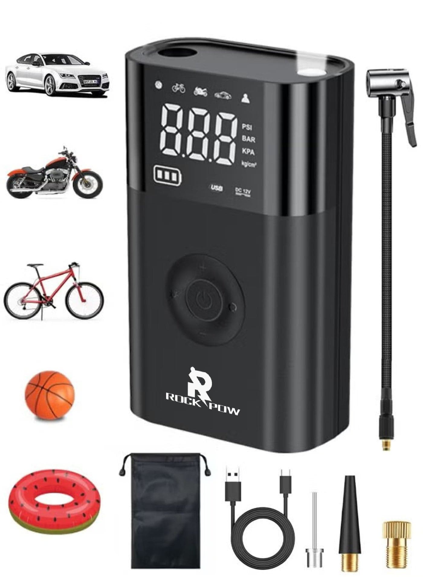 Tyre Inflator Portable Air Compressor, 2600mAh×2 Battery Powerful Cordless Air Pump With 5V/2A USB output, Digital Display/LED Light 150PSI Compact Tire Inflator for Car, Motorcycle, Bike, Ball