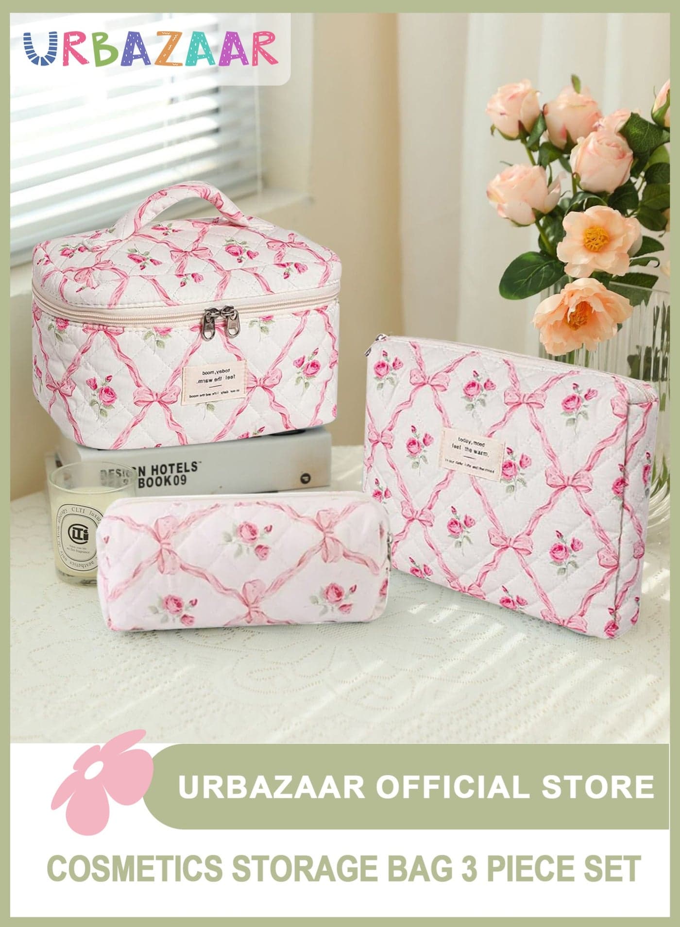Makeup Bag,Quilted Cosmetic Bags,Large Floral Make Up Organize bag,Makeup Bag Set for Women,Flower Travel Toiletry Bag