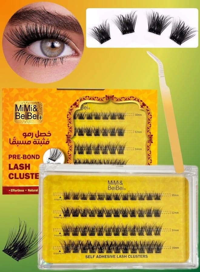 48Pcs Pre Bond Lash Clusters Self Adhesive Eyelashes Clusters Kit, False Eyelashes D Curl Pre Glued Lash Clusters Wispy Lashes Kit with Tweezers, Press On Glueless Lash Extension Set 10/12/14/16mm