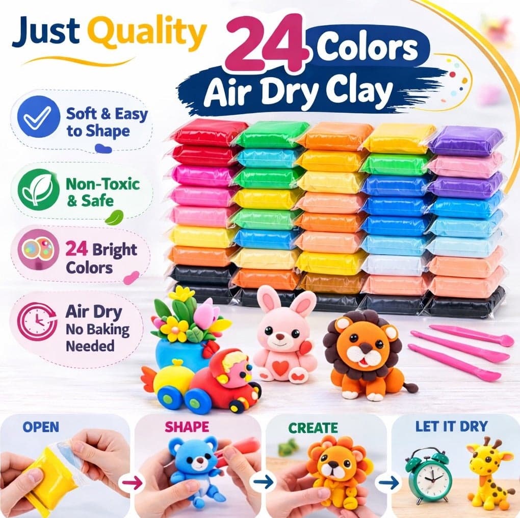 Just Quality 24 Colors Modeling Clay Set with 3 Tools – Non-Toxic, Soft & Easy to Clean Clay Dough – Creative Educational Art & Craft Toy for Kids 3+ Years
