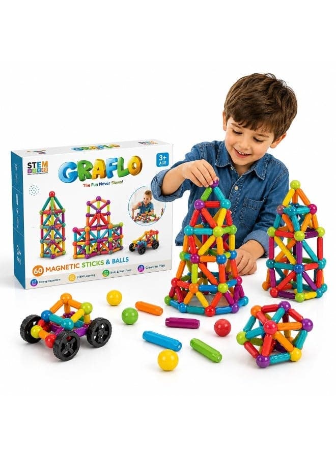 Magnetic Building Blocks, Magnetic Sticks and Balls Game Set, Construction Set with 60 Pieces, Early Education STEM Learning Montessori Preschool Toys, Magnet Construction Set for Kids 3+ Years
