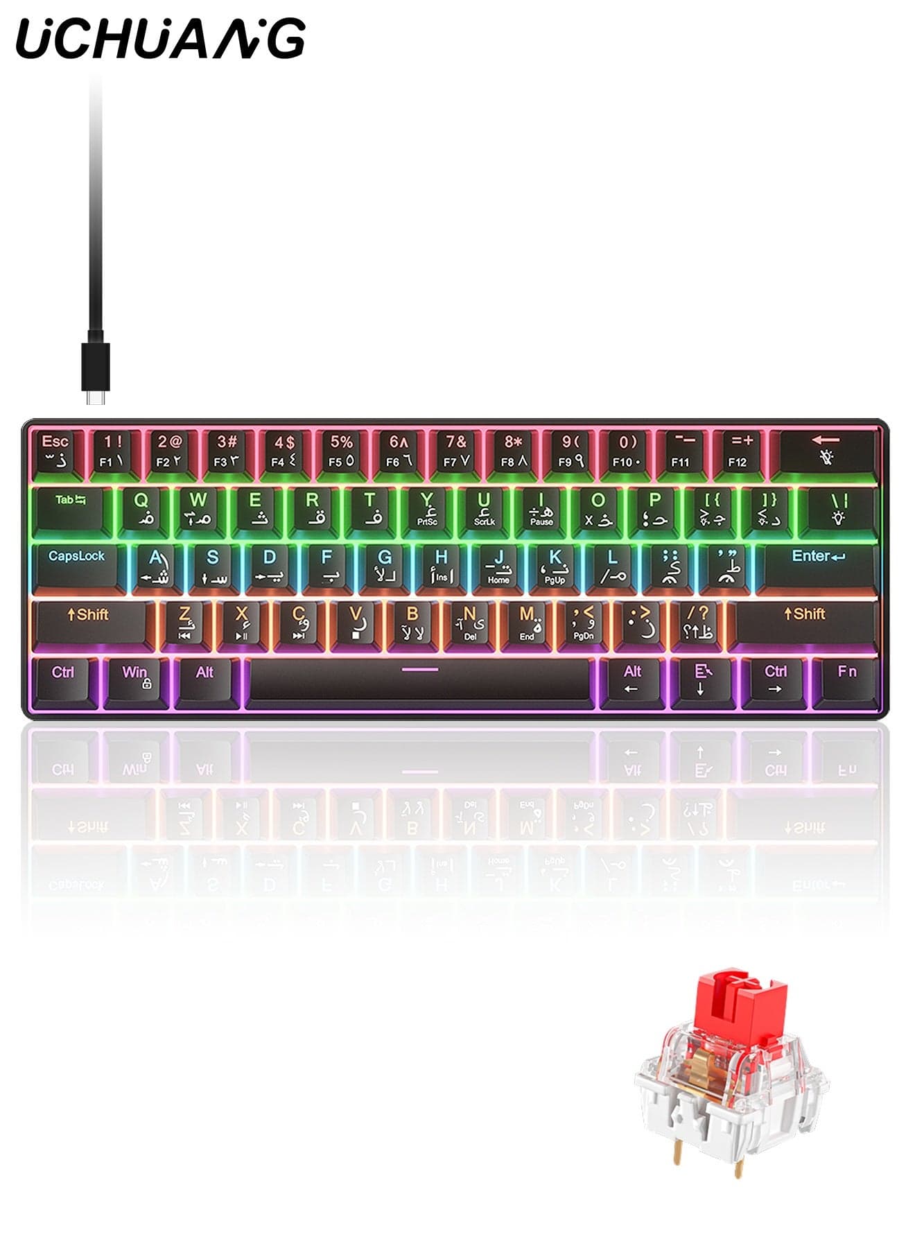 61-Key English Arabic Mechanical Keyboard, Red Switch Hybrid Light Compact Mini Wired Keyboard for PC, Mac E-sports Portable Gaming Keyboard - Black