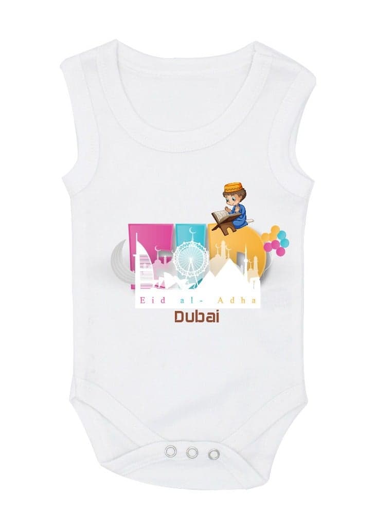 My First Eid Dubai Printed Outfit - Romper for Newborn Babies - Sleeve Less Cotton Baby Romper for Baby Boys - Celebrate Baby's First Eid in Style - Gift for New Parents