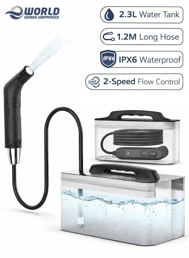 Portable Travel Bidet Shattaf with 2.3L Water Tank – Handheld Muslim Toilet Bidet Sprayer, 2-Speed Flow Control, 1.2M Long Hose, IPX6 Waterproof, Compact & Lightweight for Camping, Hiking, Outdoor Travel & Personal Hygiene (Black)